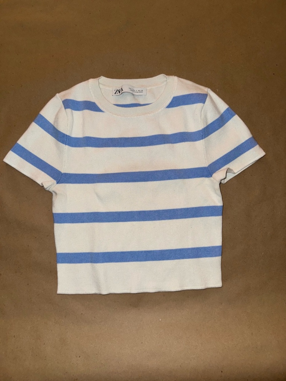 Zara Sz S Blue & White Striped Cropped Knit Top / Sweater Very Stretchy Preppy